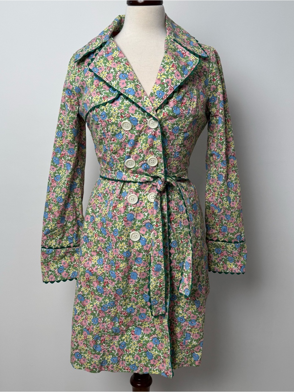 Odille Anthropologie Pink & Green Floral Belted Trench Coat